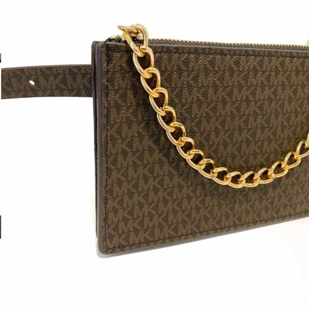 Michael Kors Brown Logo Belt Waist Bag With Gold Chain NWT